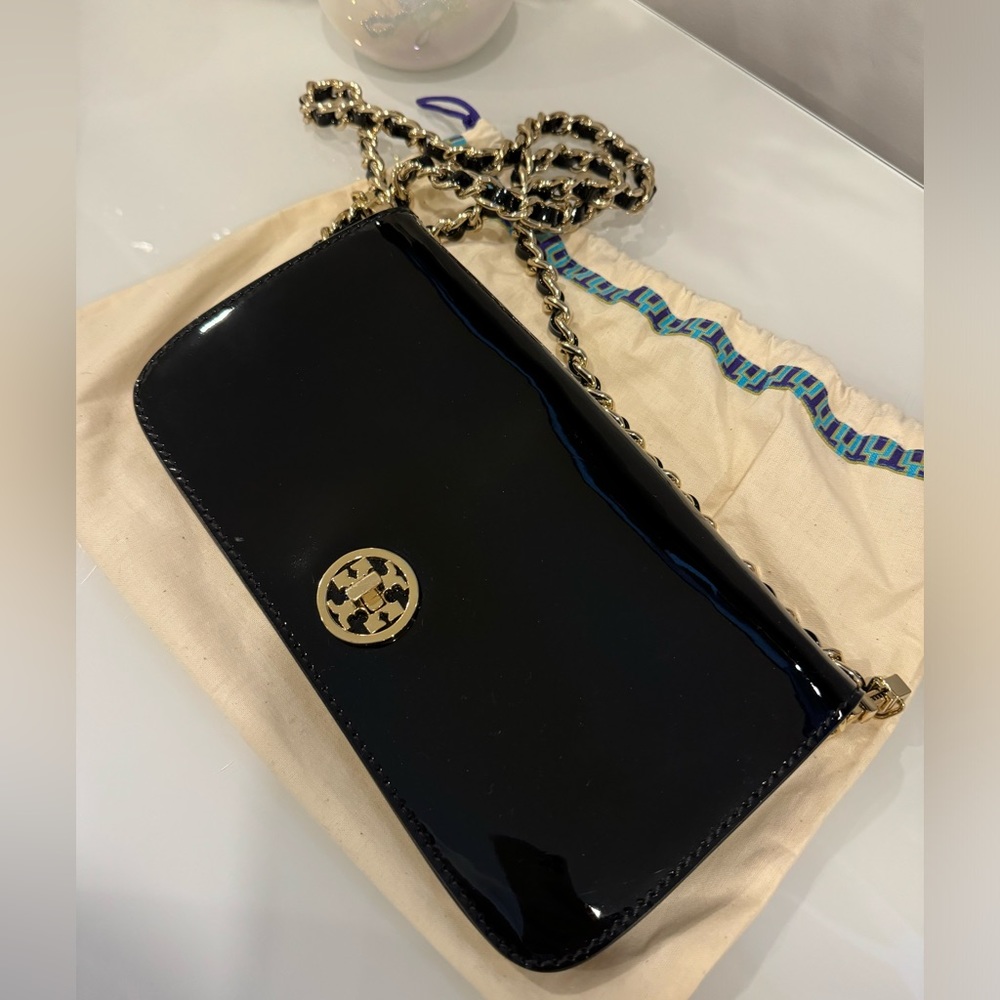Tory Burch Black Patent Leather Bag with Black/Gold Chain